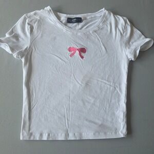 Liz & Sara Womens  baby t White Short Sleeve Shirt Pink Bow Casual Cotton Blend